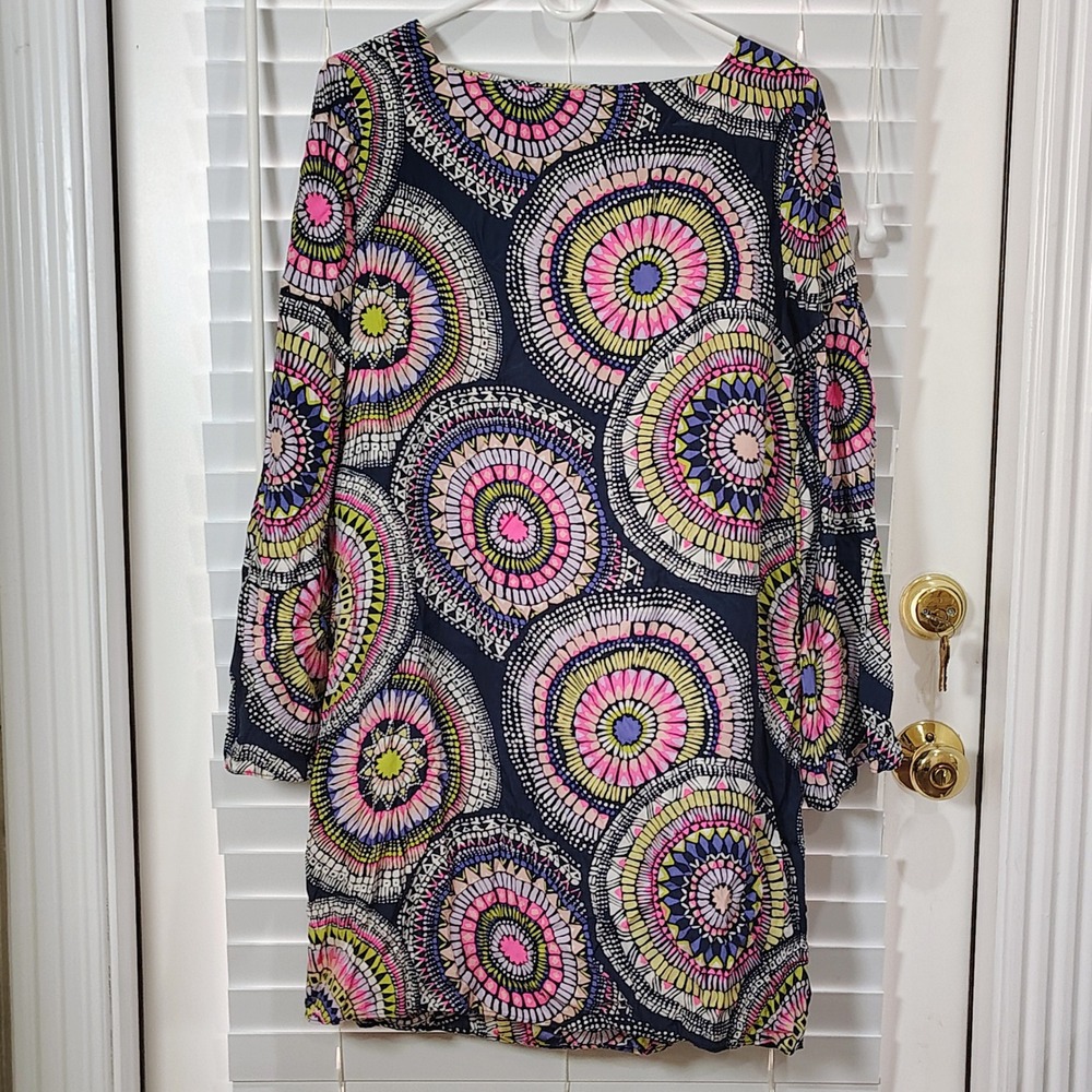 ALICE & TRIXIE MINI DRESS WOMENS L SILK SPLIT SLEEVE MEDALLION BOHO RETRO SHIFT